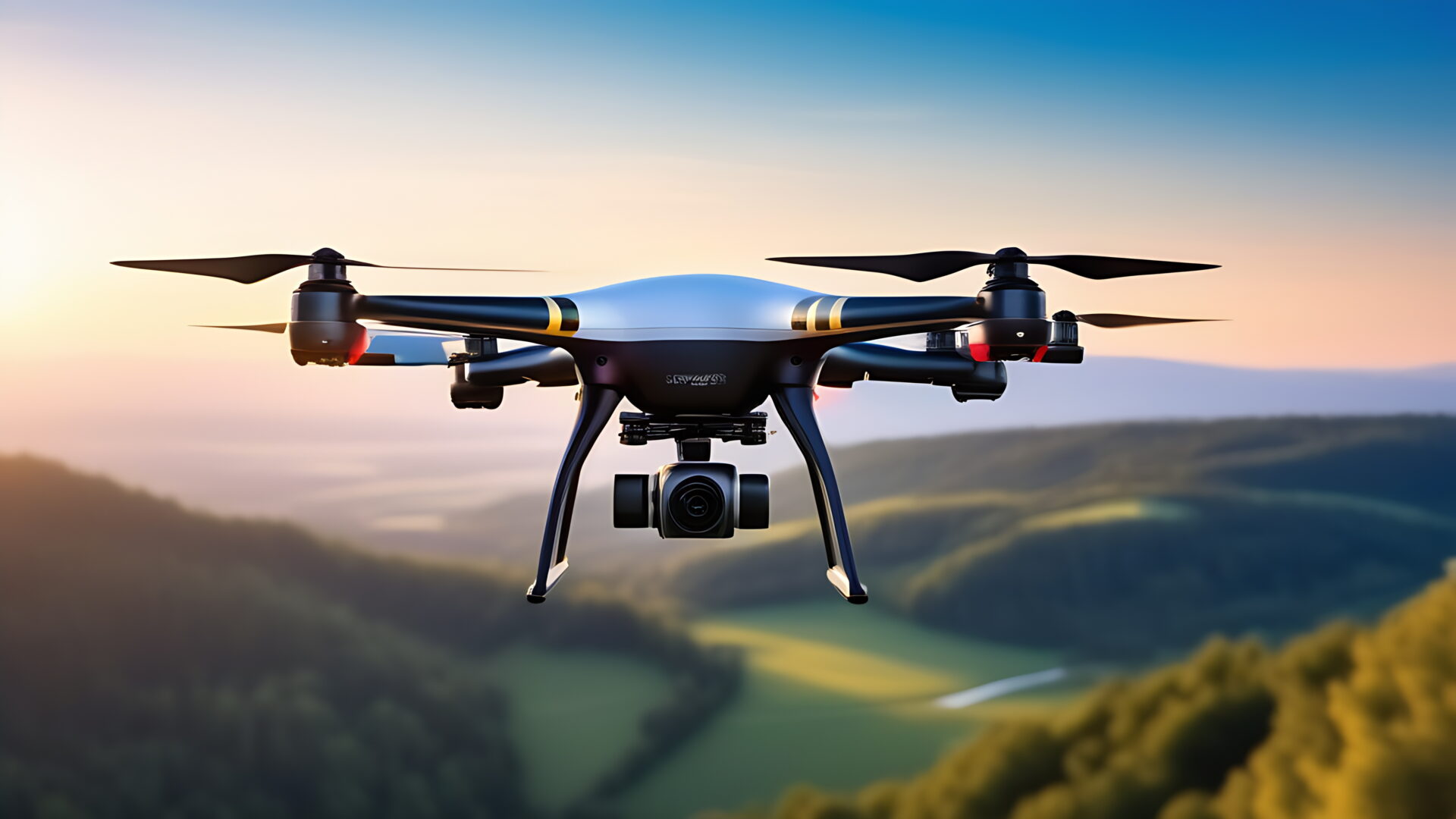 A quadcopter in a gray body takes video of the nature of mountains and hills from the air in summer.