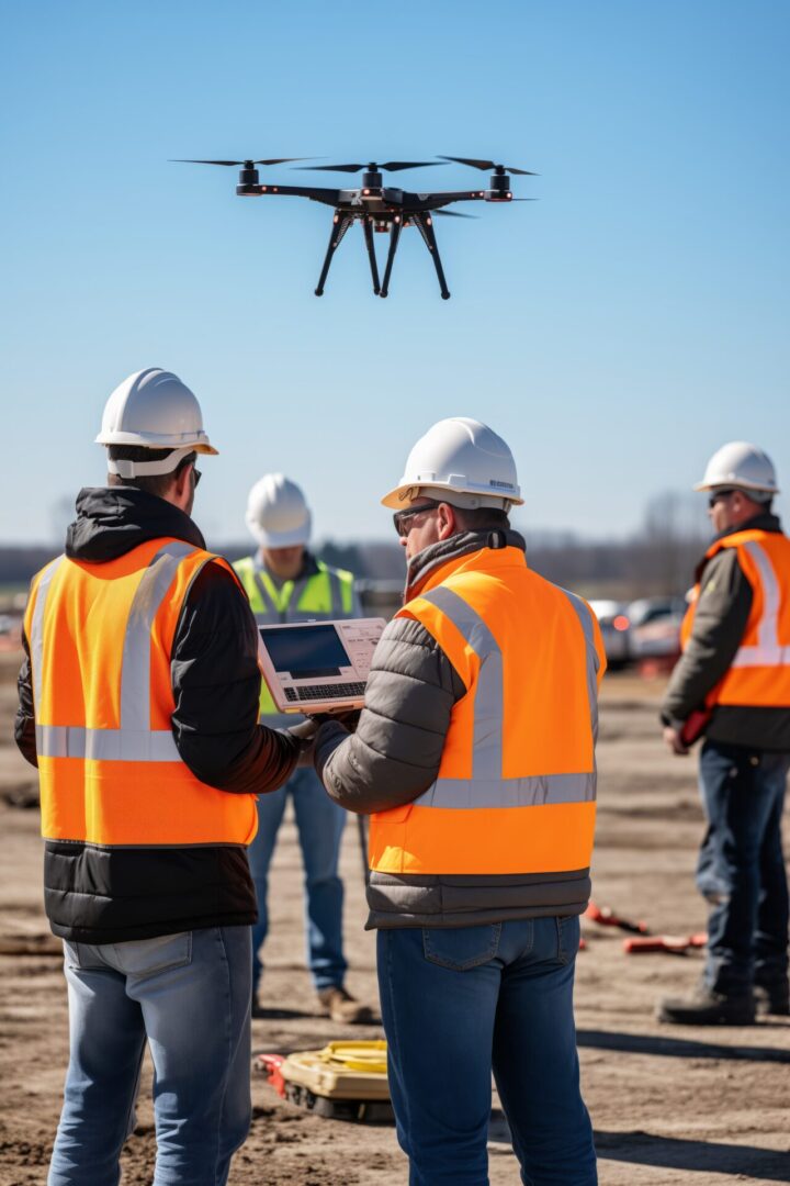 Civil engineers viewing construction with drone.